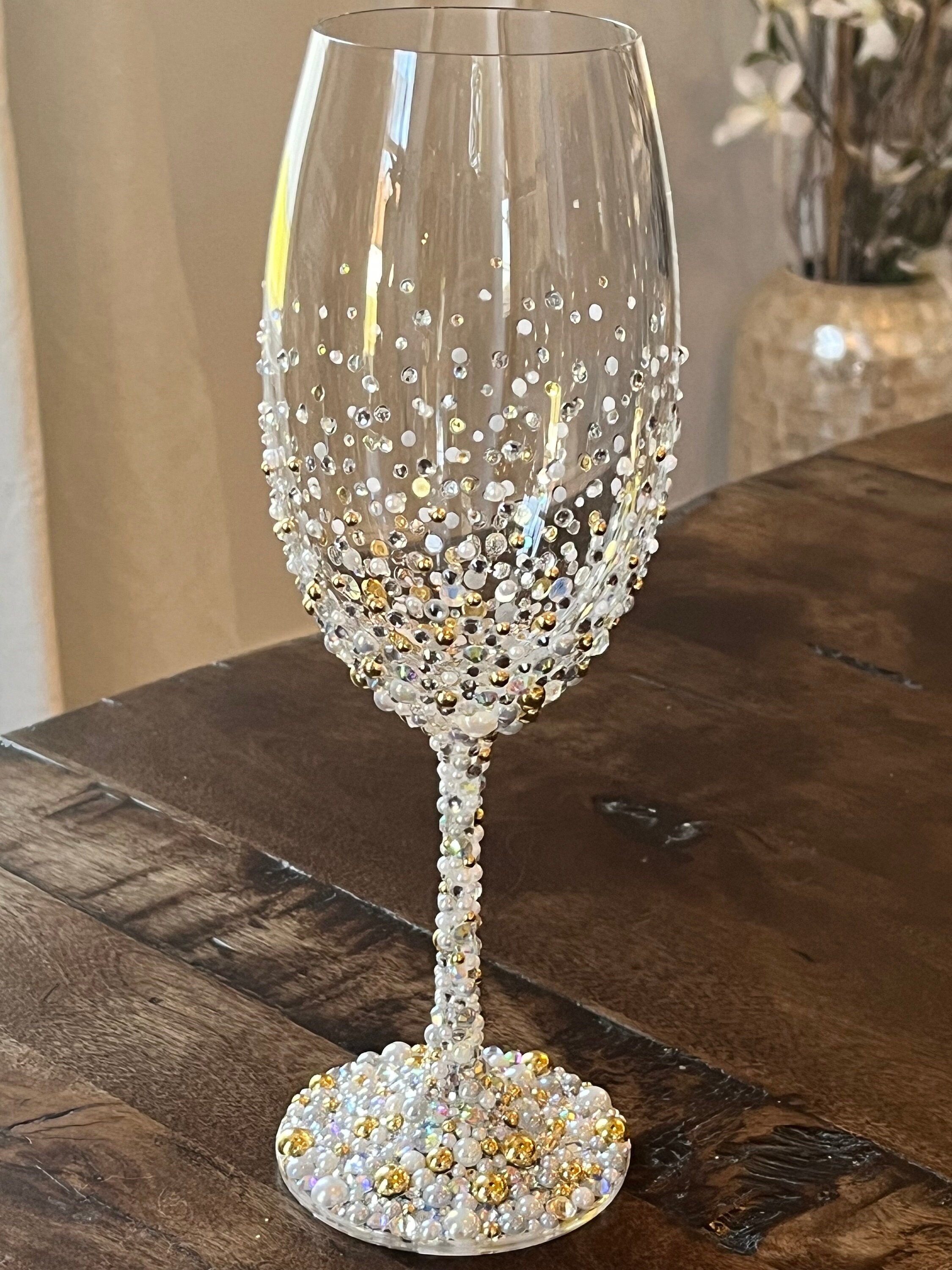 Women Pearl and Rhinestone Stemmed Wine Glasses - Back to the South Bling