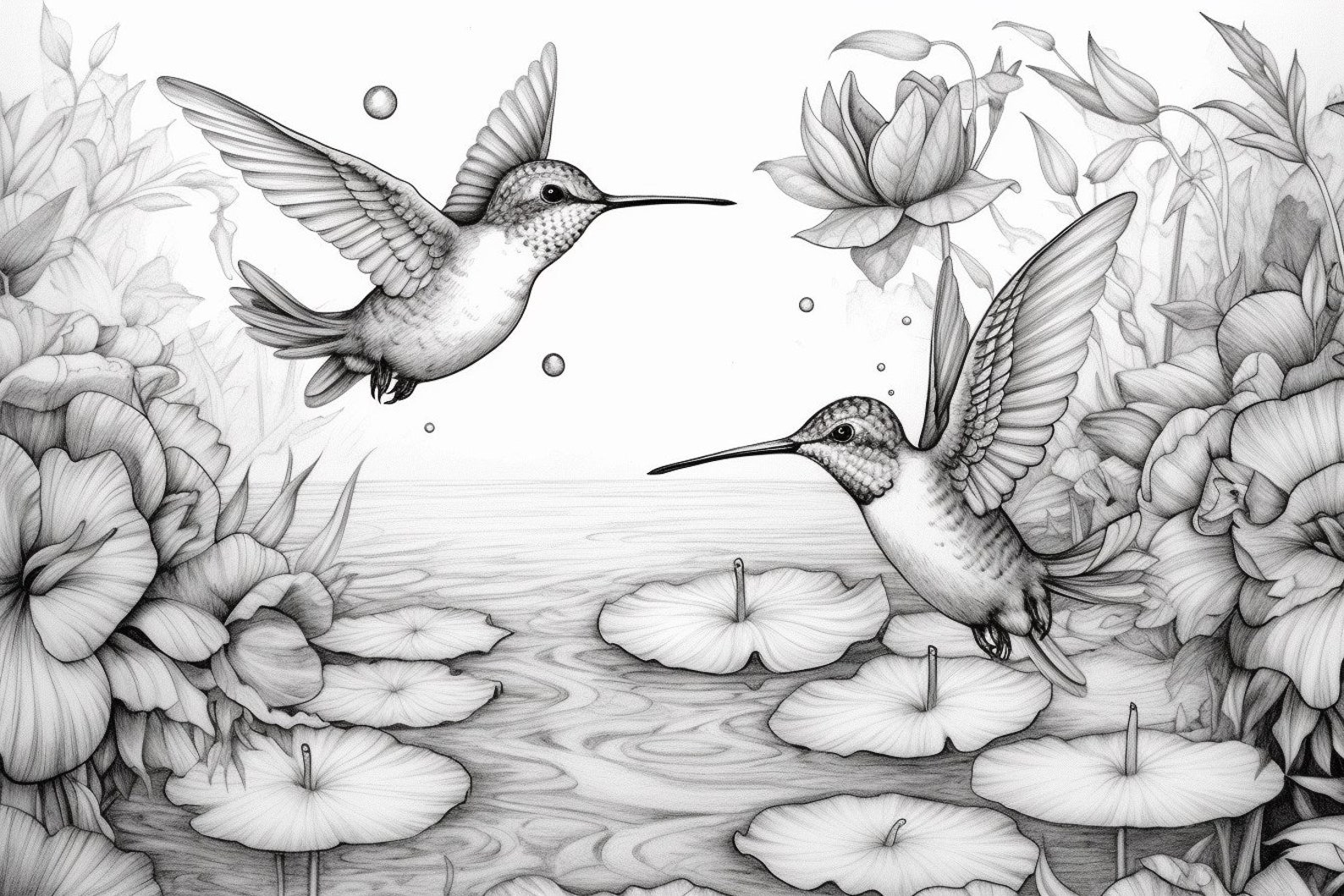 Hummingbirds Coloring Page Coloring Book Greyscale Adult Coloring