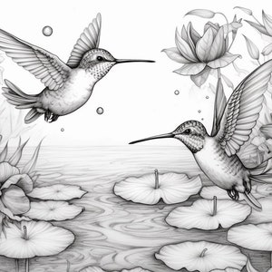 Hummingbirds | Coloring Page | Coloring Book | Greyscale | Adult Coloring | Realistic | Portrait | Download