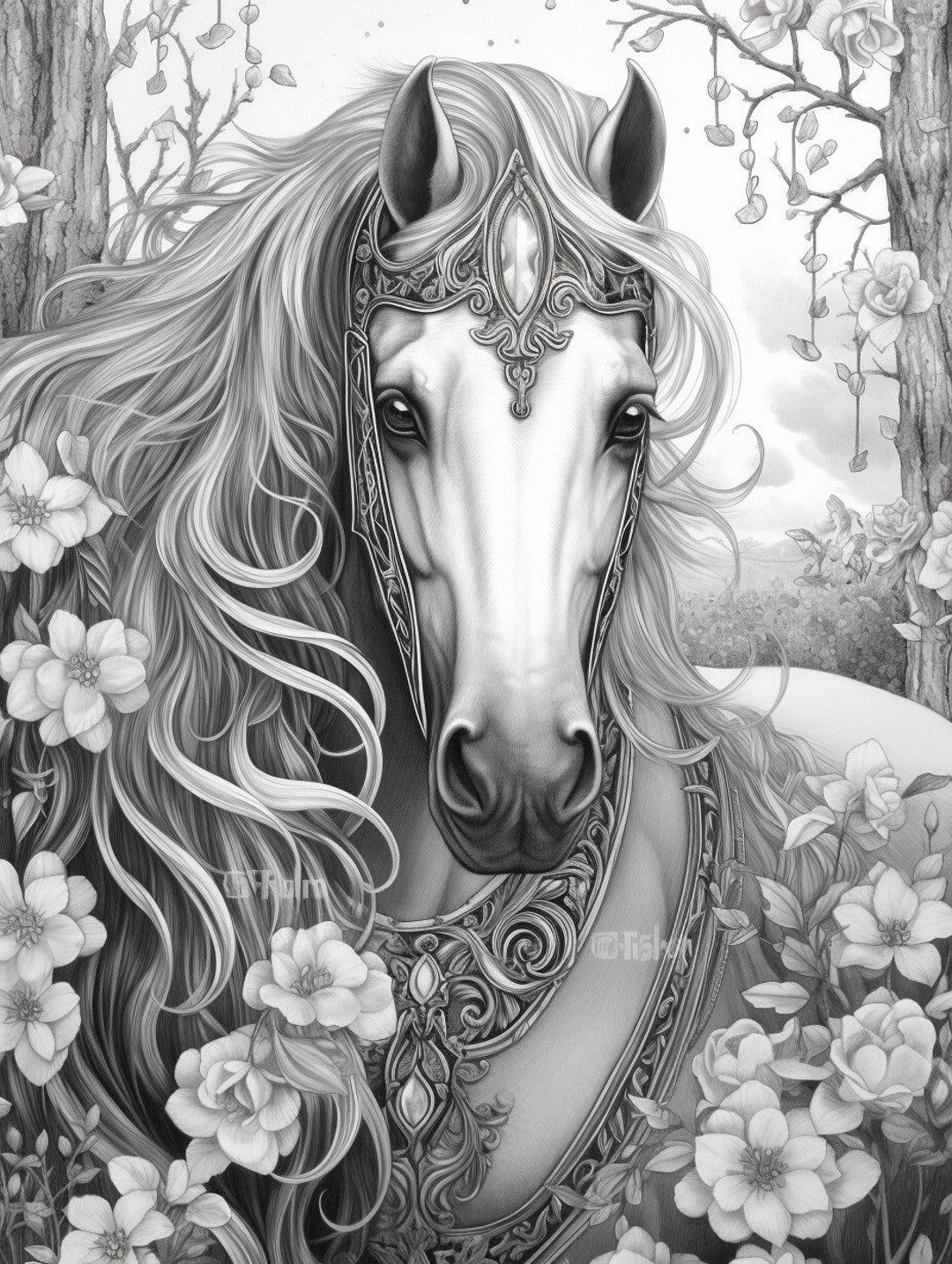 Jeweled Horse Coloring Page Coloring Book Greyscale Adult Coloring ...