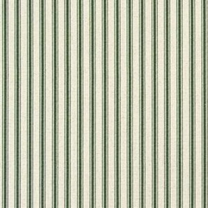 May include: Cream-colored fabric with vertical stripes in a dark green color. The stripes are evenly spaced and run the entire length of the fabric, creating a classic, textured pattern.
