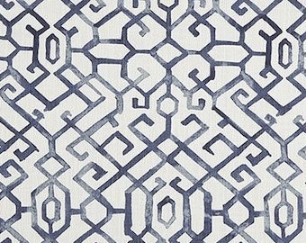 Navy Blue Asian Fabric, Blue & White Geometric, Fabric by the Yard, Premier Prints Jing Regal Blue Slub Canvas, Curtain, Drapery, Upholstery