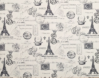 French Stamp Print Fabric, Paris, Eiffel Tower, Premier Prints French Stamp Onyx & Natural, Fabric by the Yard, Home Decor, Upholstery