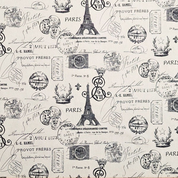 French Stamp Print Fabric, Paris, Eiffel Tower, Premier Prints French Stamp Onyx & Natural, Fabric by the Yard, Home Decor, Upholstery