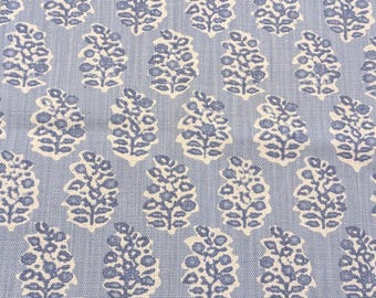 Blue Floral Cotton Linen Upholstery Fabric, 54" wide, Natural Botanical Print, Premier Prints Perry Stonewash