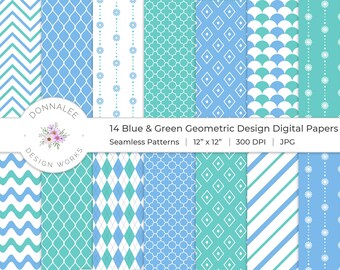 Geometrisches Design Blau und Grün druckbare digitale Papier nahtlose Muster Sofort Download