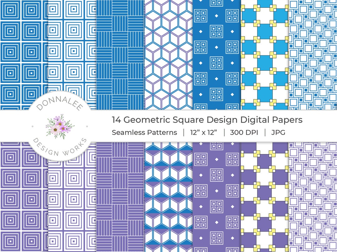 Geometric Squares and Cubes Designs Blue and Purple Seamless Patterns ...