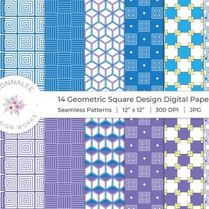 May include: A set of 14 digital papers featuring geometric square designs in blue, purple, and white. The papers are seamless and measure 12 inches by 12 inches. They are 300 DPI and in JPG format.