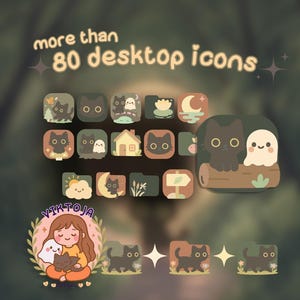 May include: A collection of over 80 desktop icons with a cute cat theme. The icons are in shades of brown, green, and beige, featuring cats, ghosts, and other whimsical elements. The image also includes the text "more than 80 desktop icons" and a logo.