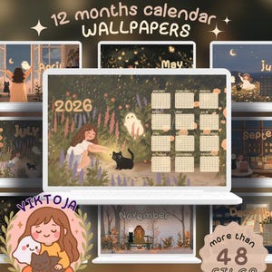 Pode incluir: Um design de arte digital com um laptop exibindo um calendário de 2026 com ilustrações caprichosas para cada mês. O design inclui um logotipo com uma menina e um fantasma, e o texto "12 months calendar WALLPAPERS".