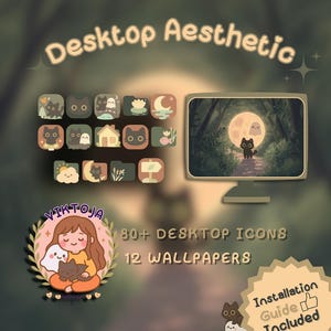 May include: Aesthetic desktop icons and wallpapers set. The image features a computer monitor displaying a forest scene with a full moon and a black cat. Additional icons and a logo with text are also visible.