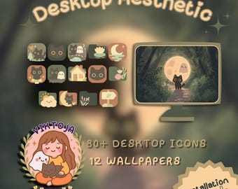 Ghostly Forest Desktop Wallpaper Bundle: Boho Kawaii Icons (PNG & ICO Files) (Digital Download