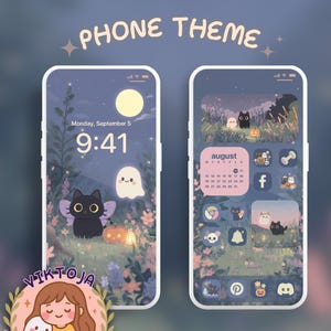 Peut inclure: Deux écrans de smartphone affichant un thème de téléphone sur le thème d'Halloween. L'écran de verrouillage montre un chat noir avec des ailes de fée, un fantôme et une citrouille. L'écran d'accueil présente un calendrier, des icônes de médias sociaux et des icônes d'applications thématiques. Le texte "PHONE THEME" est en haut.