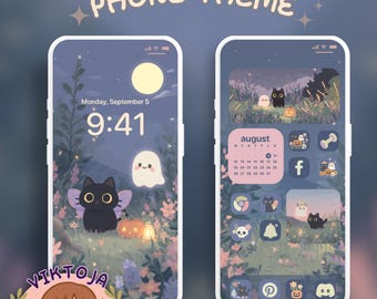 butterfly Halloween Cat Phone Theme: iOS Android Icons & Wallpaper (Digital Download)