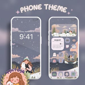 Op de afbeelding: Twee smartphoneschermen met een telefoonthema met een grillige illustratie. Het vergrendelscherm toont een meisje met een kat en een geest. Het startscherm heeft aangepaste app-pictogrammen en een agenda voor augustus. De tekst "PHONE THEME" staat bovenaan.