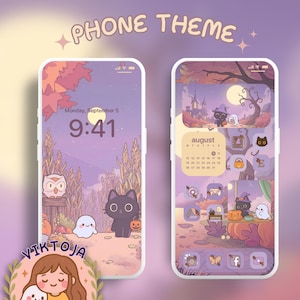 May include: Two phone screens displaying a Halloween-themed phone theme. The first screen shows a landscape with an owl, ghost, black cat, and pumpkins. The second screen shows a calendar and app icons. The text "PHONE THEME" is at the top.