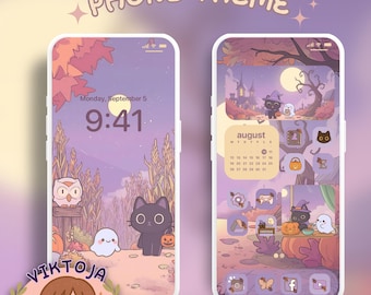 Lila Halloween-Katzen Handy-Thema: iOS Android Icons & Hintergrundbild (Digitaler Download)