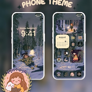 May include: A phone theme design showing two phone screens. One displays a snowy forest scene with a person and two ghosts. The other shows app icons and a calendar. The text "PHONE THEME" is at the top.