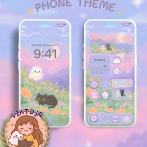 May include: Two smartphone screens displaying a whimsical phone theme. The lock screen shows a ghost and a black cat in a field of flowers. The home screen features custom app icons and a calendar. Text at the top reads "PHONE THEME".