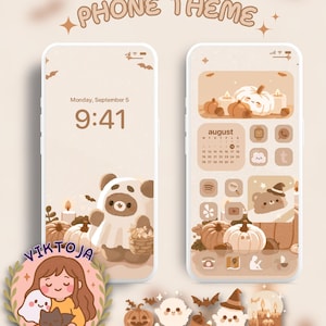 Könnte beinhalten: Ein digitales Handy-Themenset in Beige- und Brauntönen mit Herbst- und Halloween-Motiven. Das Display zeigt einen Bären im Geisterkostüm, Kürbisse, Kerzen und Fledermäuse. Der Text umfasst PHONE THEME, Monday, September 5, 9:41 und august.