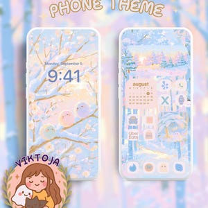 May include: Two smartphones displaying a digital phone theme with a pastel winter forest background. The screens feature light blue and pink snowy trees, small round birds, a calendar widget for August, and various app icons in a soft colour palette.
