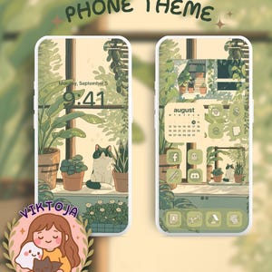 Green cat Phone Theme: plant Icons, Wallpaper (Digital Download)