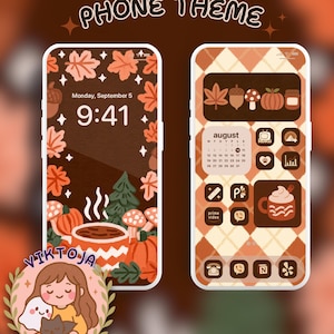Puede incluir: Un tema de teléfono digital que muestra dos pantallas de smartphone con gráficos inspirados en el otoño. La pantalla izquierda muestra una pantalla de bloqueo con hojas, calabazas y una taza humeante. La derecha muestra iconos.