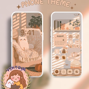 Può includere: Due smartphone che mostrano un tema digitale in calde tonalità beige. Lo schermo sinistro mostra un gatto su una sedia, mentre quello destro presenta un calendario, icone di app e una grafica a scaffale. Testo: PHONE THEME e VIKTOJA.
