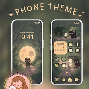 Wald inky und geisterhaften Telefon Thema iOS Thema android Thema niedliche Telefon-Symbole Katze Tapete Kawaii Thema Ipad Thema Tablet Hintergrund