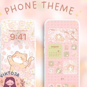 sakura kat telefoonthema iOS-thema Android-thema schattig telefoonpictogrammen kersenbloesembehang kawaii-thema ipad-thema tabletbehang boeken