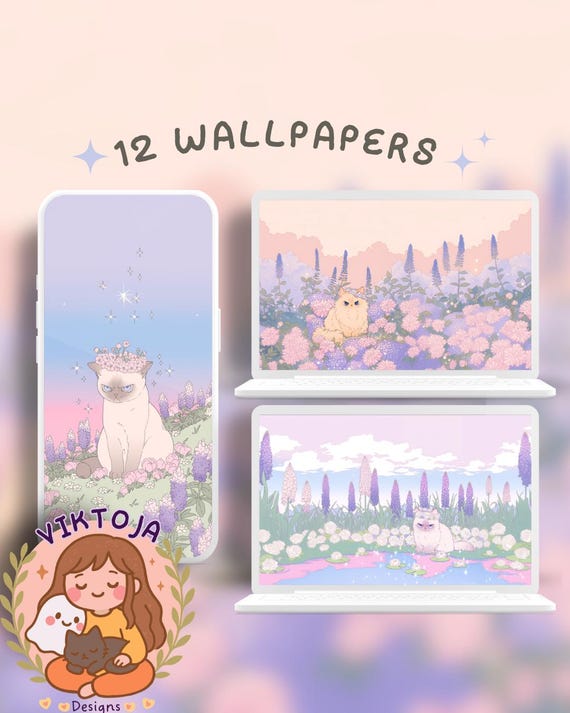 Pastel Angry Spring Cats Kawaii Wallpaper: Desktop & Phone Backgrounds (Digital Download)