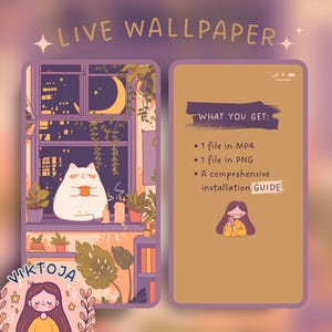 May include: A digital illustration of a live wallpaper featuring a cat sitting in a window with a cup of coffee. The wallpaper is set against a backdrop of a city skyline at night. The text "LIVE WALLPAPER" is displayed at the top of the image. The text "WHAT YOU GET:" is displayed on the right side of the image, followed by a list of files included in the purchase: "1 file in MP4", "1 file in PNG", and "A comprehensive installation GUIDE". The text "VIKTOJA" is displayed in the lower left corner of the image.