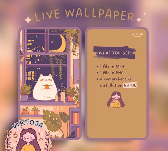 Cozy Moon Cat Live Wallpaper: Kawaii Hygge iOS/Android (MP4/PNG)
