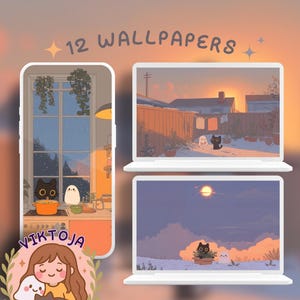 Puede incluir: Arte digital con 12 fondos de pantalla con ilustraciones de estilo caricatura. Los diseños incluyen escenas con gatos negros, un fantasma y una cocina. La imagen también incluye un logotipo con una niña sosteniendo un gato y un fantasma.