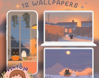 Snowy Cat Lofi Wallpaper: Holiday Desktop & Phone Backgrounds (Digital Download)