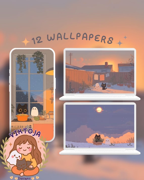 Snowy Cat Lofi Wallpaper: Holiday Desktop & Phone Backgrounds (Digital Download)