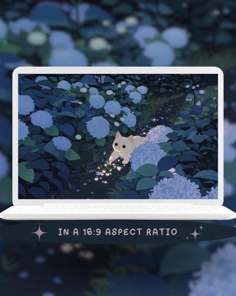 Night garden Cats summer Kawaii Pastel Wallpaper Set – Desktop & Mobile Backgrounds (Digital Download) image 5