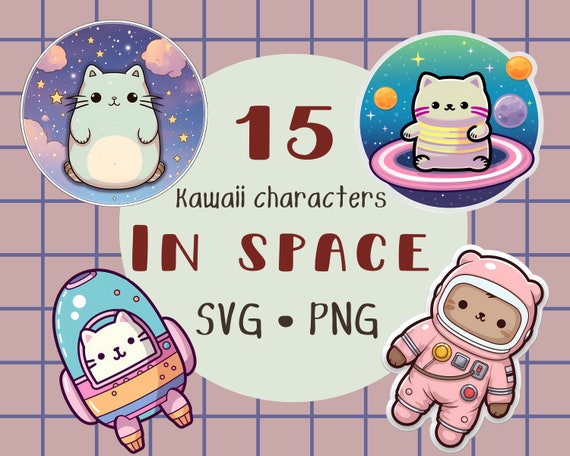 Space Cat Kawaii Clipart: Galaxy PNG Stickers (Digital Download)