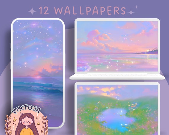 Pastel Landscape Wallpaper Set: Sparkle Meadow, Lofi Anime (Digital Download)