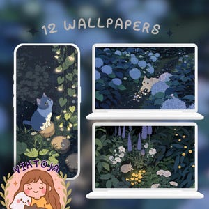 May include: Digital artwork showcasing 12 wallpapers with cat illustrations in a garden setting. A phone displays a blue cat, and two laptops show garden scenes with cats. The text "12 WALLPAPERS" is present.
