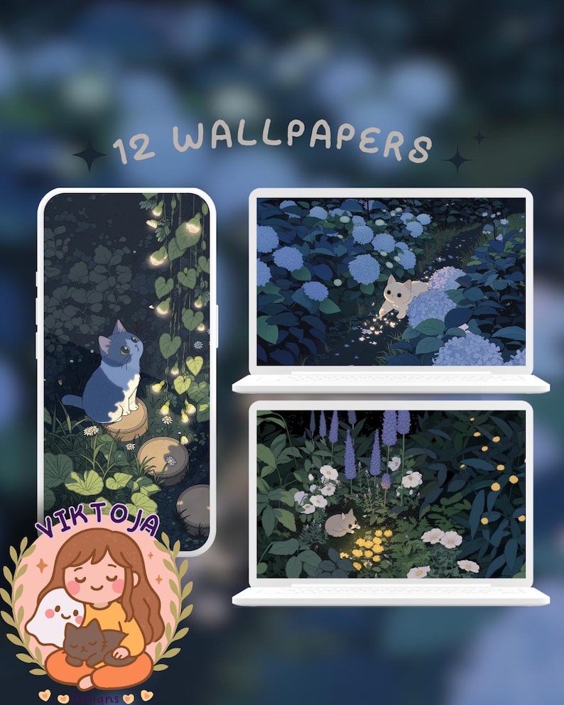 May include: Digital artwork showcasing 12 wallpapers with cat illustrations in a garden setting. A phone displays a blue cat, and two laptops show garden scenes with cats. The text "12 WALLPAPERS" is present.