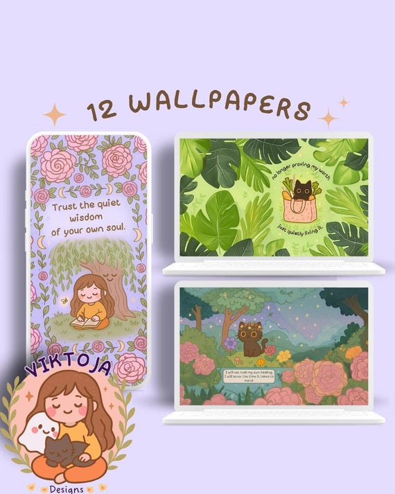 Cat & Floral Wallpaper Set (Digital Download