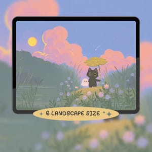 May include: A digital illustration on a tablet featuring a black cat and a ghost under a mushroom umbrella in a meadow. The background shows a sunset with a yellow sun, pink clouds, and a lake. Text on the image reads "6 LANDSCAPE SIZE."