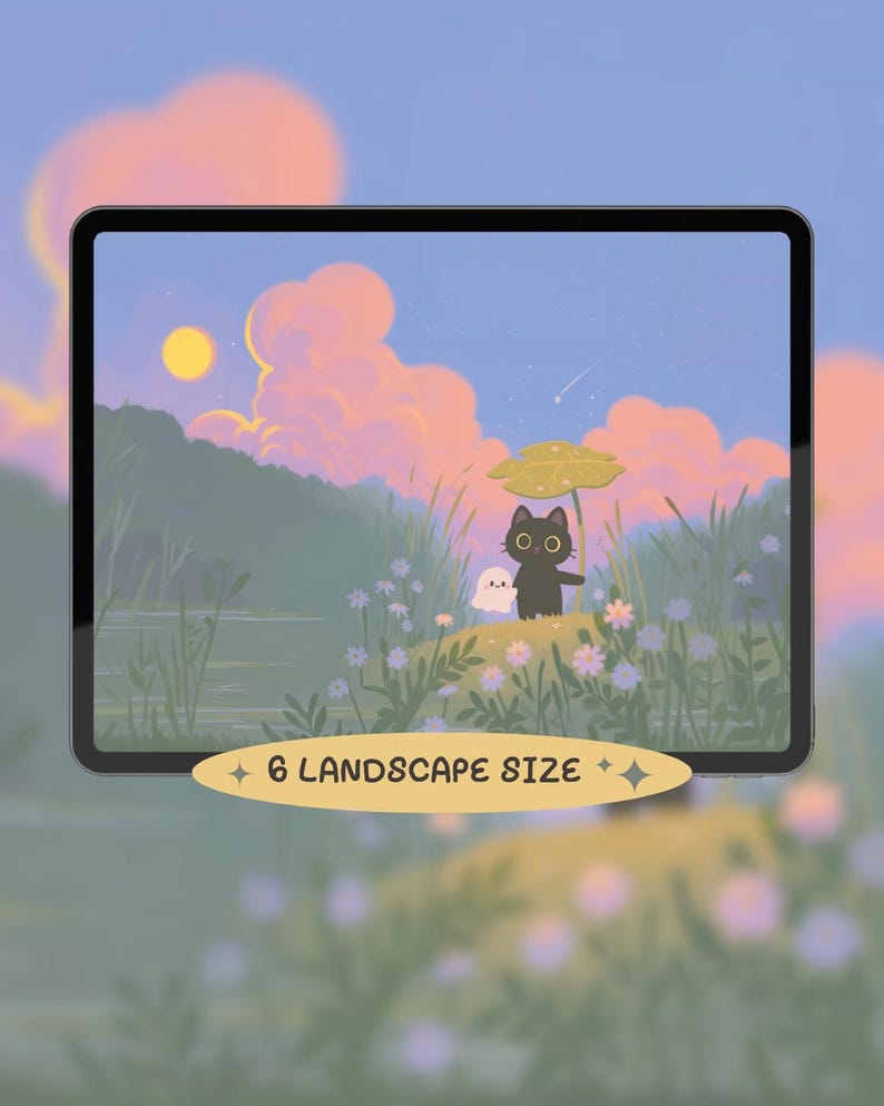 May include: A digital illustration on a tablet featuring a black cat and a ghost under a mushroom umbrella in a meadow. The background shows a sunset with a yellow sun, pink clouds, and a lake. Text on the image reads "6 LANDSCAPE SIZE."