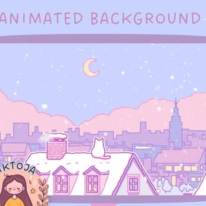 Op de afbeelding: Een digitale illustratie van een besneeuwde stad in de nacht met een halve maan aan de hemel. De illustratie toont een witte kat die op een dak zit met een bakstenen schoorsteen. De tekst "VIKTOJA" staat in de linkerbenedenhoek van de afbeelding.