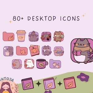 May include: A set of 80+ desktop icons featuring cute cartoon cats in various autumnal scenes. The icons include images of cats drinking coffee, reading books, wearing scarves, and holding pumpkins. The icons are designed in a pastel color palette with pink, purple, and yellow accents.