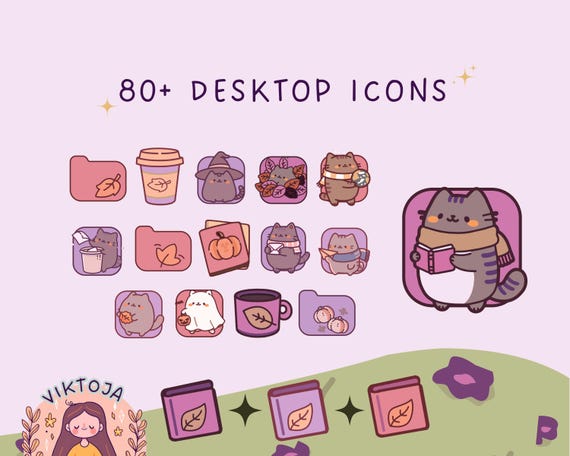 Pumpkin Cats Desktop Icons: Halloween Kawaii Folder Theme (80 PNG & ICO)