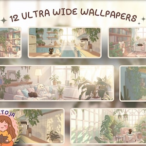 Pode incluir: Uma imagem com 12 papéis de parede ultra largos com cenas ilustradas de quartos. As cenas incluem plantas, livros e móveis. O texto "12 ULTRA WIDE WALLPAPERS" está no topo. O nome do artista, "VIKTOJA", está na parte inferior.