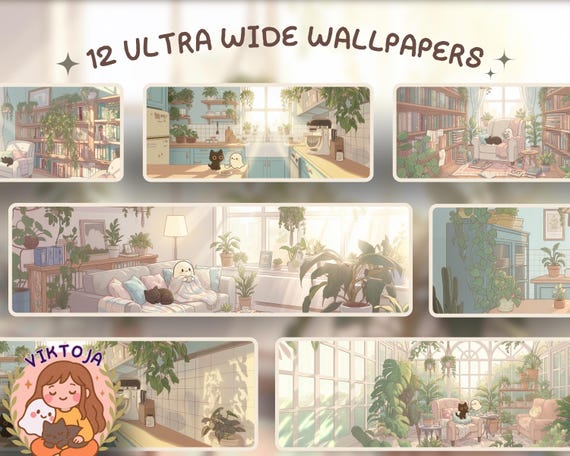 Cozy Cat Ghost Ultrawide Wallpaper Set: Aesthetic Plant Room (Digital Download)
