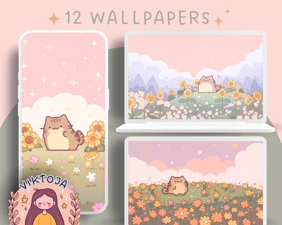 Kawaii Cat Flower Wallpaper Set – Pastel Backgrounds (Digital Download)